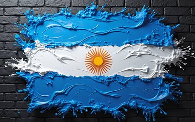 4k, Argentina flag, artwork, black brickwall, paint art, Argentine flag, paint splashes, flag of Argentina, creative, South America, Argentine national symbols, Argentina 3D flag, Argentina