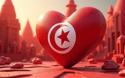 4k, amo túnez, obra de arte, antecedentes de paisaje urbano 3d, bokeh, arte 3d, creativo, día de túnez, bandera de túnez, corazón con bandera tunecina, corazones 3d, bandera tunecina, túnez, amor por túnez