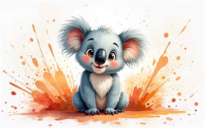 4k, cartoon koala, obra de arte, arte em aquarela, animais fofos, criativo, koalas, animais de desenho animado, koala fofa, arte criativa, koala