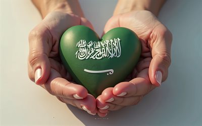 I love Saudi Arabia, 4k, 3d heart like Saudi Arabia flag in hands, travel to Saudi Arabia, heart in hands, heart like Saudi Arabia flag, flag of Saudi Arabia, Day of Saudi Arabia, Love for Saudi Arabia