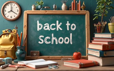 4k, volver a la escuela, reloj, redacción, libros, plumas, lápices, mochila, antecedentes de educación, escuela, inscripción de regreso a la escuela, conceptos de educación, suministros escolares, conceptos de regreso a la escuela