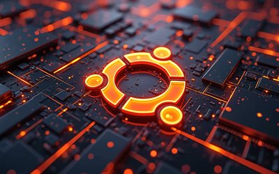 ubuntu orange neon  logo, 4k, schwarzer hi tech hintergrund, orangefarbener blick, mikrocircuits, leiter, os  marken, ubuntu  logo auf mikrocircuit, linux, marken, ubuntu 3d  logo, ubuntu logo, ubuntu