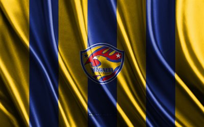 4k, Vegalta Sendai logo, J2 League, yellow blue silk texture, Vegalta Sendai flag, Japanese football club, soccer, silk flag, Vegalta Sendai emblem, Japan, Vegalta Sendai badge, Vegalta Sendai