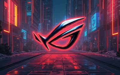 4k, Asus RoG metal logo, red glare, bokeh, cyberpunk, nightscape, Republic of Gamers, brands, Asus RoG 3D logo, Republic of Gamers logo, artwork, Asus RoG logo, Asus RoG