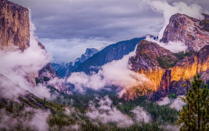 Yosemite Ulusal Parkı, cliffs, bulutlar, dağlar, valley, Amerika, ABD