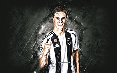 Kenan Yildiz, Juvertus FC, Turkish footballer, attacking midfielder, white stone background, grunge art, Juve, Serie A, Italy