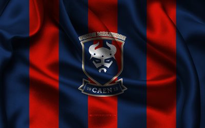 4k, logo sm caen, tessuto di seta rosso blu, squadra di calcio francese, emblema sm caen, ligue 2, sm caen, francia, calcio, sc bastia flag, caen fc, stade malherbe caen