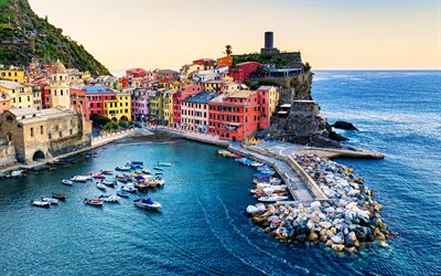 vernazza, 4k, sommarresor, italienska städer, cinque terre, italien, europa, stadsbilder, medelhavet, vernazza stadsbild, hdr