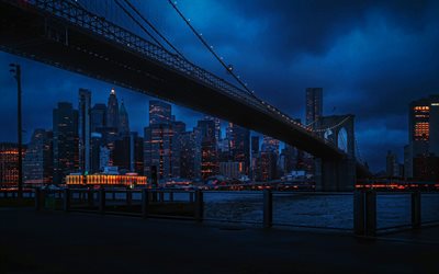 ブルックリン橋, 4k, 暗闇, 街並み, nyc, アメリカ合衆国, アメリカの都市, ニューヨーク市, ニューヨークシティスケープ, 夜のブルックリン橋