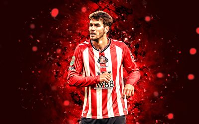 Marc Guiu, 4k, red neon lights, Sunderland AFC, Premier League, Spanish footballers, Marc Guiu 4K, football, soccer, Sunderland FC, Marc Guiu Sunderland