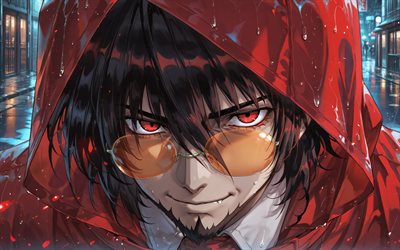 4k, alucard, calle, noche, infierno, lluvia, impermeable rojo, conde drácula, manga, dorakyura, manga infernal, personaje de alucard, arte de alucard, personajes infernales, alucard hellsing