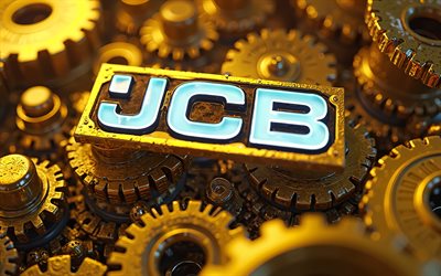 jcb 금속 로고, 4k, 노란색 금속 기어, 보케, 노란색 기계적 배경, 브랜드, jcb 3d 로고, jcb 로고, 건설 장비, jcb