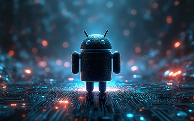 logo android, 4k, background tecnologico, luce neon blu, robot 3d android, emblema android, android, arte creativa ad alta tecnologia