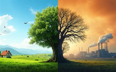Natural environment and industrial pollution, differences, eco concepts, environmental concepts, environmental pollution, ecology, harm from metallurgy