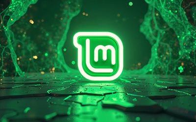 linux mint white neon logo, 4k, خوخه, خلفيات ثلاثية الأبعاد الخضراء, العلامات التجارية للسيارات, شعار linux mint 3d, مبدع, linux mint logo, linux mint