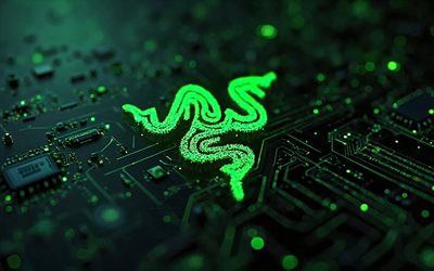 4k, Razer green glitter logo, bokeh, black hi-tech background, microcircuits, conductors, electronics brands, creative, Razer logo on microcircuit, brands, Razer 3D logo, artwork, Razer logo, Razer