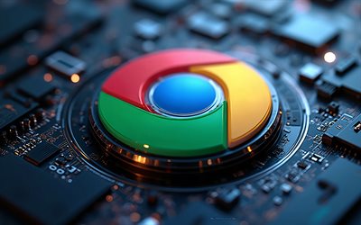 logo chrome, google, avvicinamento, emblema 3d cromato, background tecnologico blu, segno cromato, google chrome