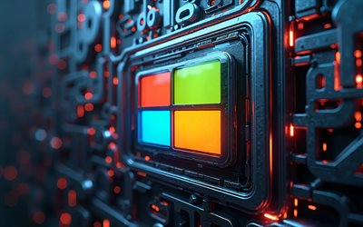 windows 10 metall  logo, 4k, bokeh, orangefarbener blick, metallhintergrund, windows 10 3d  logo, os  logo, kreativ, windows 10 logo, os  marken, windows 10, brands logo