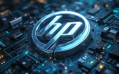 logotipo 3d hp, antecedentes de alta tecnología, hewlett packard, logotipo de hp, hp 3d emblema, logotipo hp 3d, placa madre, hp, logotipo de hewlett packard