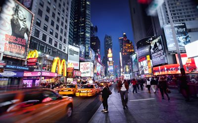 new york, street, lights, night, taxi, skyscrapers, the city, usa