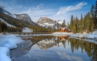 mountain, winter, snow, cabin, reflection, lake, forest, sunset, landscape, british columbia, nature, mountains, the lake