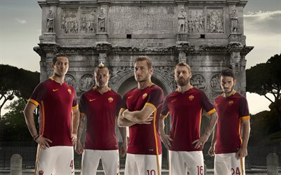 football, as-roma, 2015-2016, nike, home kit, team, alessandro florenzi, francesco totti, kostas manolas