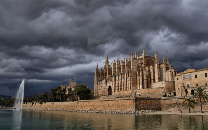 暗い空, 川, 雲, 城, 塔, スペイン