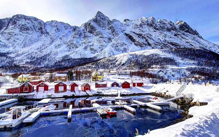bay, 겨울, 부두, 홈, 눈, 노르웨이