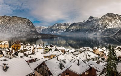 el lago de hallstatt, las montañas, la casa, los alpes, paisaje, edificio, austria