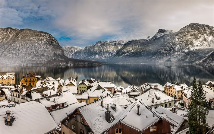 il lago di hallstatt, le montagne, la casa, alpi, paesaggio, edilizia, austria