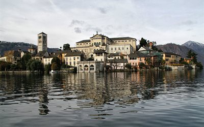 el lago, el pueblo, la ciudad, el edificio, el lago de orta, de la isla de san giulio, italia