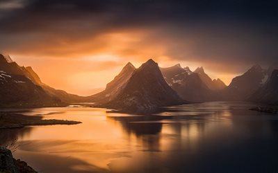 fog, the sun, the sky, norway, mountain, islands, mountains, sunset, sky, fjord, landscape, sea, nature, the fjord, mist, sunlight