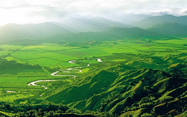 yeşil, nehir, alanlar, tepeler, Kolombiya, yeşil alanlar