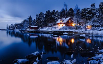 noite, cabine, suécia, neve, lago, o lago, inverno