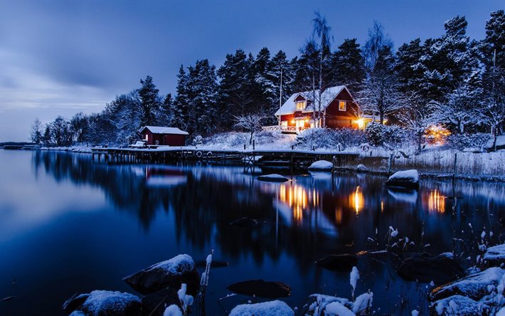 gece, kabin, İsveç, kar, göl, kış