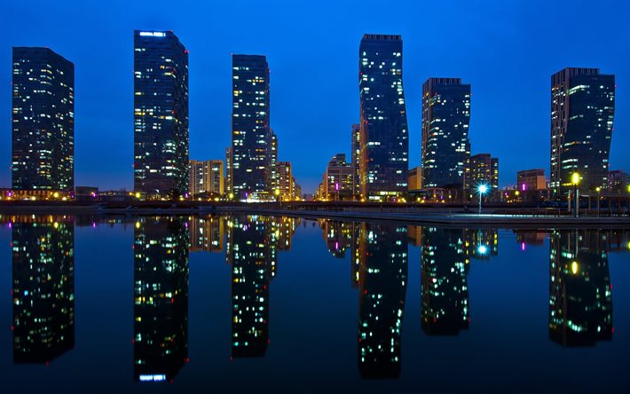 kväll, hotel songdo, skyskrapor, songdo, city, incheon, sydkorea