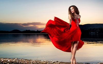 el lago, la chica, la costa, el rojo, el vestido rojo, mujeres, modelo de