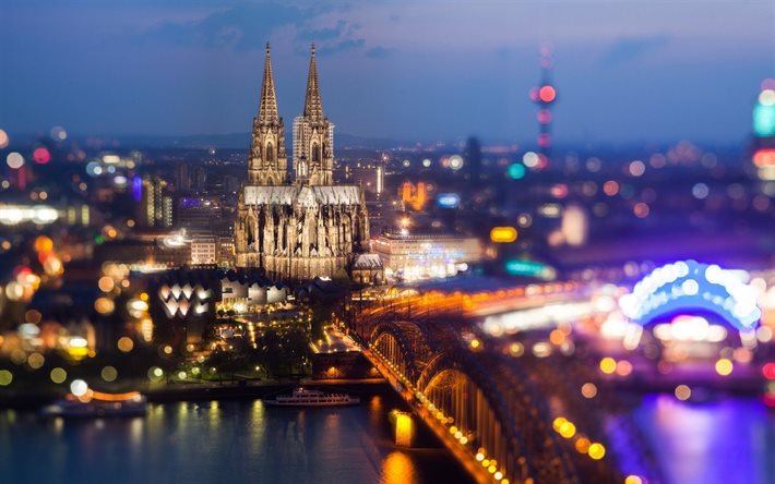 夜, ボケ, 橋, ケルン, この橋, 大聖堂hohenzollern, 大聖堂, 写真の効果, ドイツ