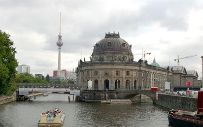 brandenburg Kapısı, büyük şehir, nehir, tekne, berlin, Almanya