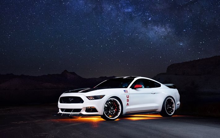 weiß, apollo edition, ford mustang coupe, 2015, nacht-beleuchtung