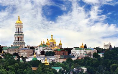 o céu, o mosteiro, árvores, cúpula, ucrânia
