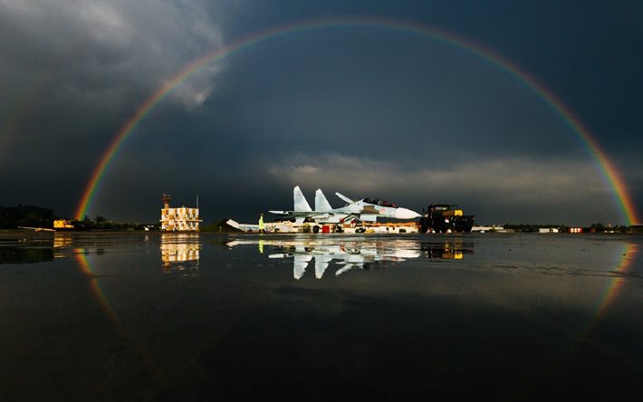 airport, rainbow, aviation, fighter, photo