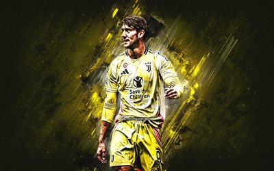 Dusan Vlahovic, Juventus FC, Serbian football player, yellow stone background, grunge art, football, Serie A, Italy