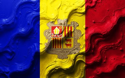 andorra flagga, 4k, stenvågstruktur, 3d andorra flagg, europa, europeiska länder, andorra