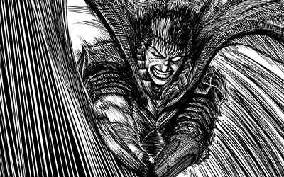 Guts, 4k, protagonist, Berserk, artwork, manga, anime characters, Berserk characters, Guts Berserk