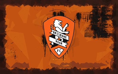 브리즈번 포효 그런지 로고, 4k, a  리그, 오렌지 그런지 배경, 축구, 브리즈번 포효 엠블럼, 브리즈번 포효 로고, 브리즈번 포효 fc, 호주 축구 클럽, 브리즈번 포효