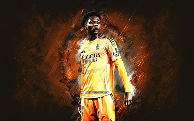 Aurelien Tchouameni, Real Madrid, French football player, orange stone background, grunge art, La Liga, Spain, football