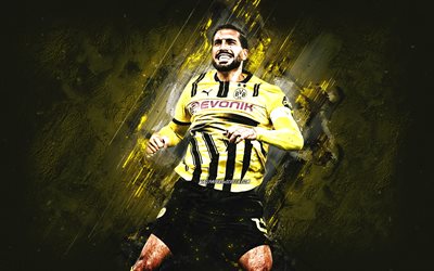 emre kan, borussia dortmund, tysk fotbollsspelare, gul stenbakgrund, grunge konst, bundesliga, tyskland, fotboll