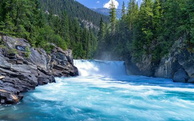 cascata, river di montagna, foresta, bellissimo paesaggio, cascate sui fiumi, columbia britannica, canada