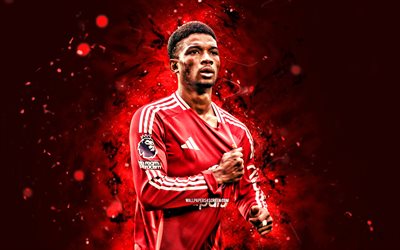 amad diallo, 4k, kırmızı neon işıklar, manchester united fc, premier lig, fildişi futbolcular, amad diallo 4k, futbol, adam birleşik, amad diallo manchester united
